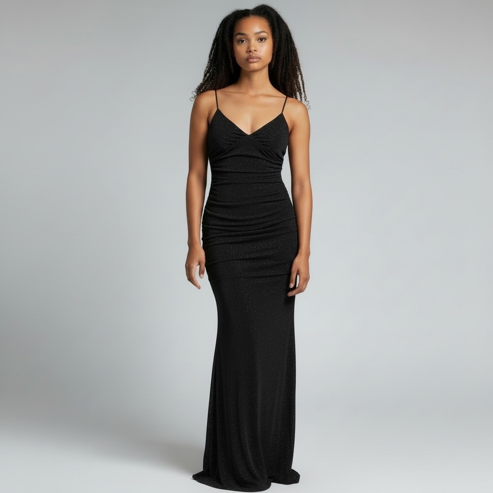 City Studios Juniors Glitter Gown Black Medium Ruched Strappy Tie Back Formal